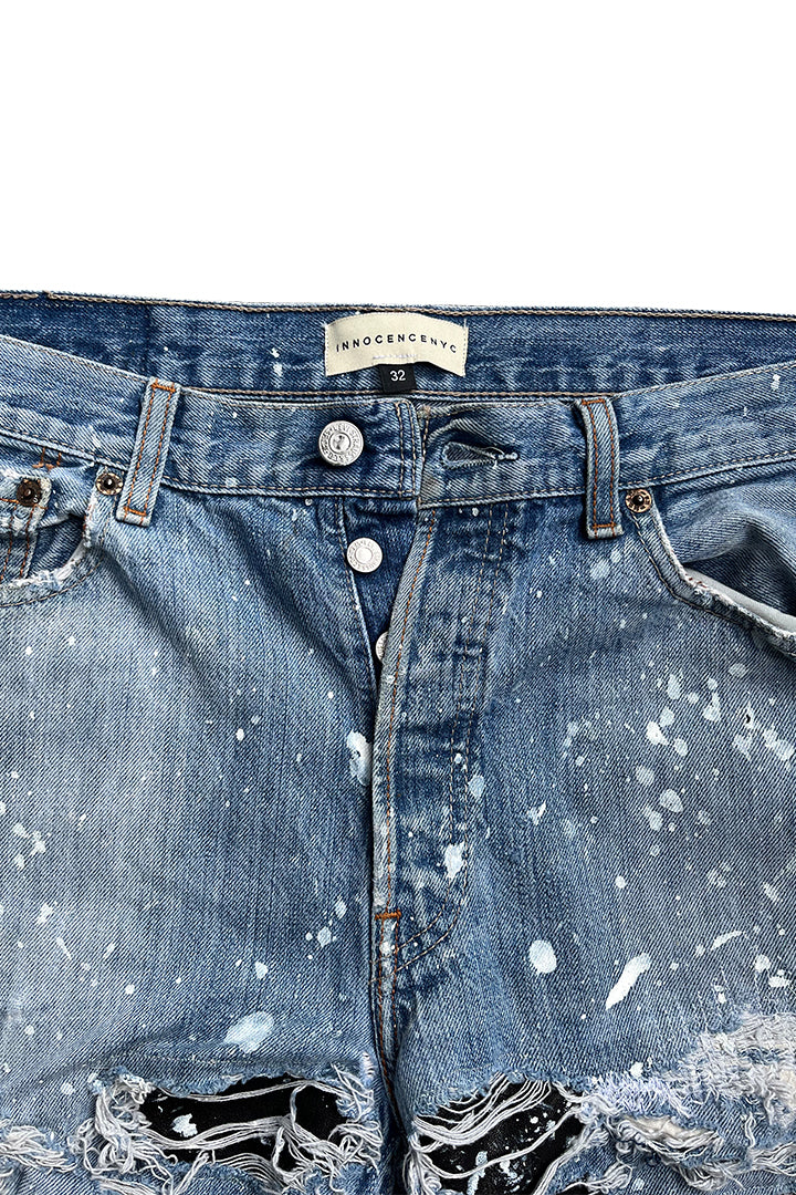 DESTROY LEATHER DENIM PANTS