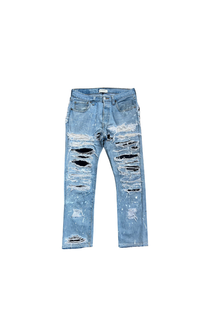 DESTROY LEATHER DENIM PANTS
