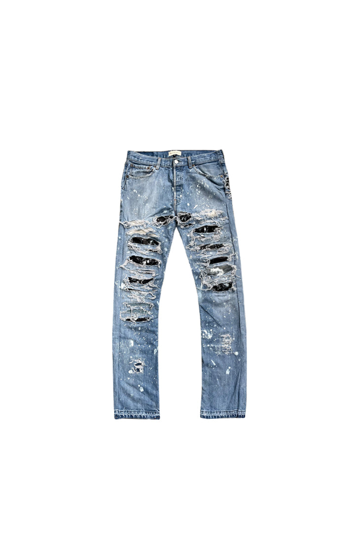 DESTROY LEATHER DENIM PANTS
