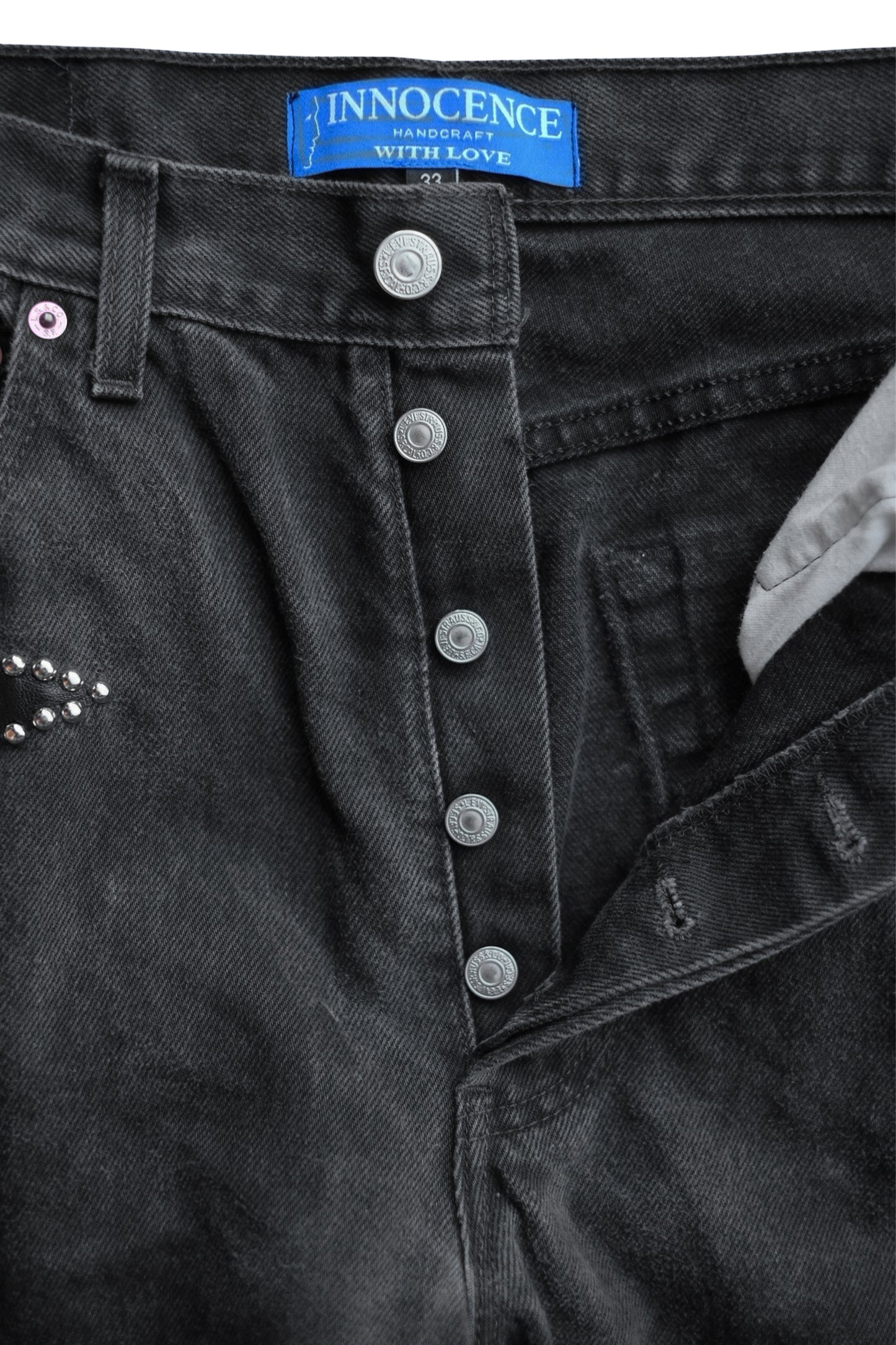 LEATHER STUDS DENIM PANTS
