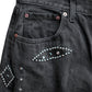 LEATHER STUDS DENIM PANTS
