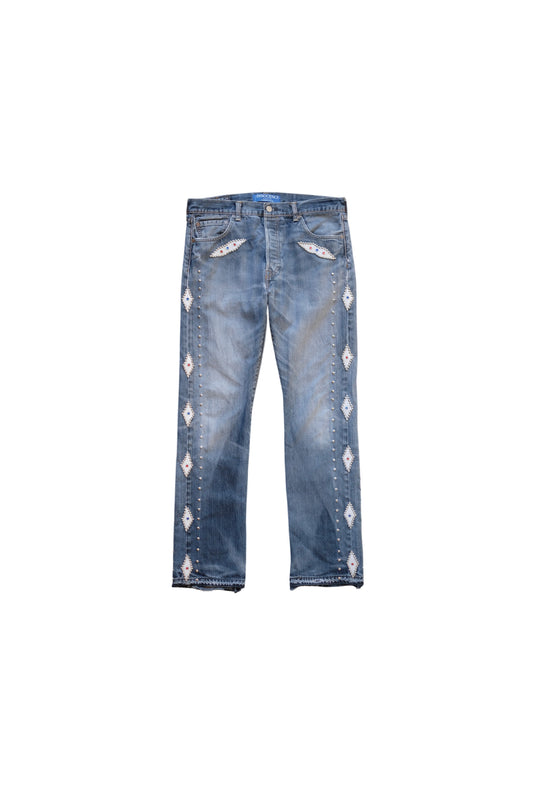 LEATHER STUDS DENIM PANTS