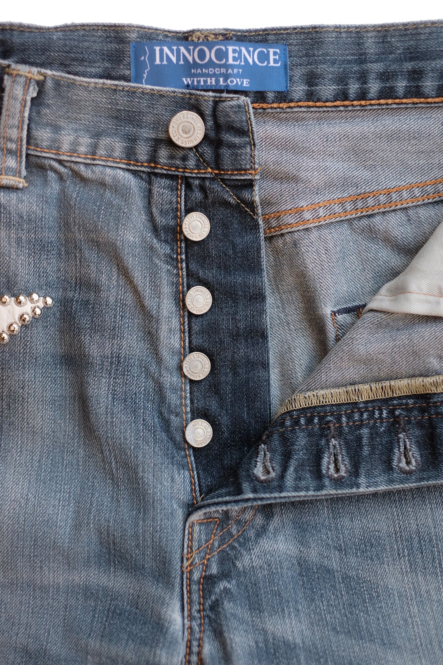 LEATHER STUDS DENIM PANTS