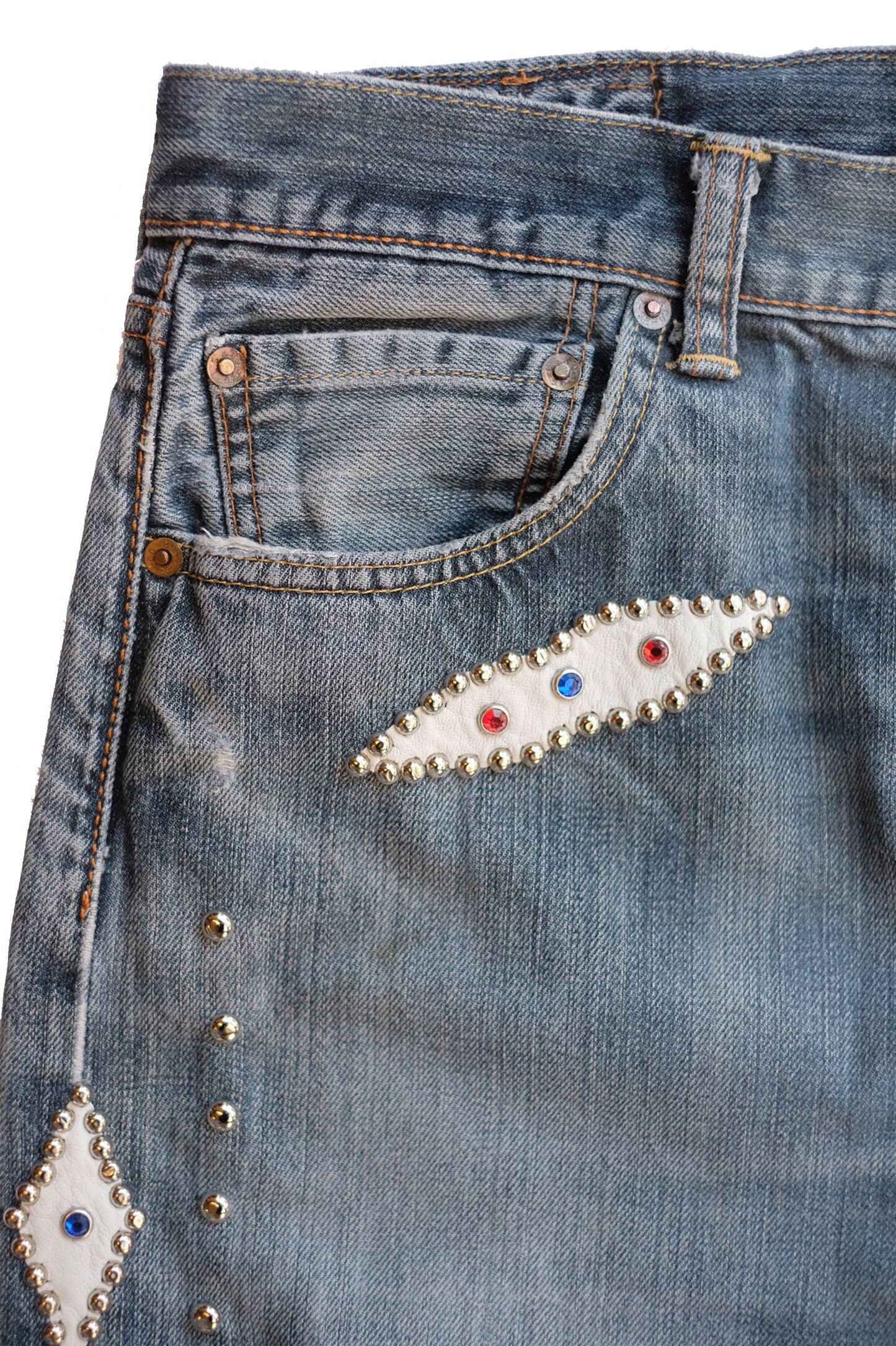 LEATHER STUDS DENIM PANTS