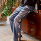 LEATHER STUDS DENIM PANTS