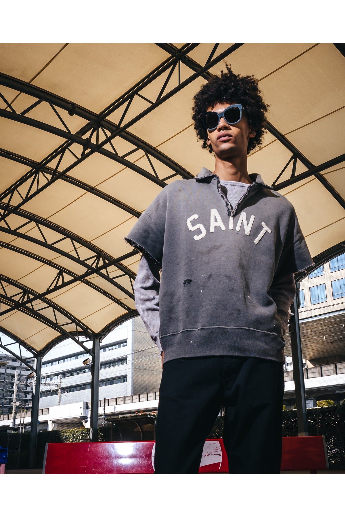 Saint Mxxxxxx (セントマイケル)/SS HALF ZIP SWEAT/SAINT/CHARCOAL 