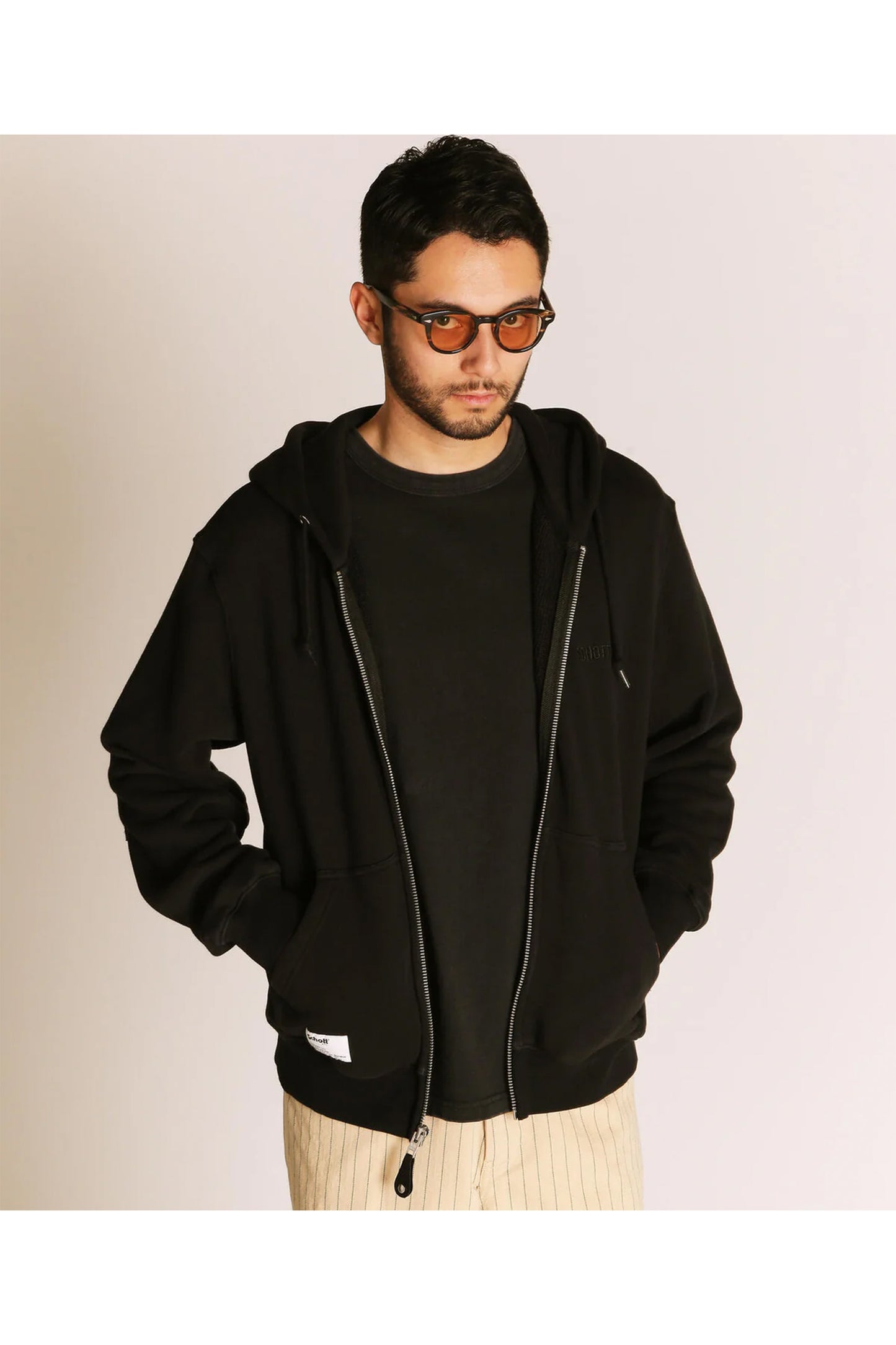 LEATHER ELBOW PATCH ZIP HOODED SWEAT