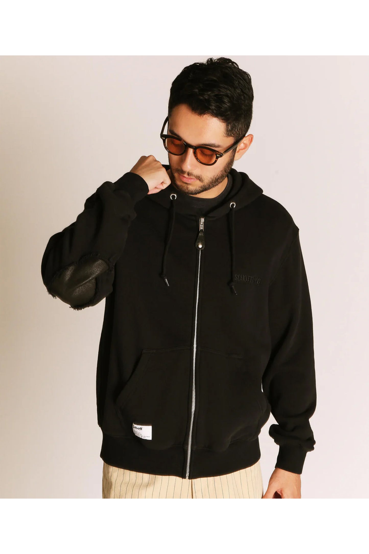 LEATHER ELBOW PATCH ZIP HOODED SWEAT