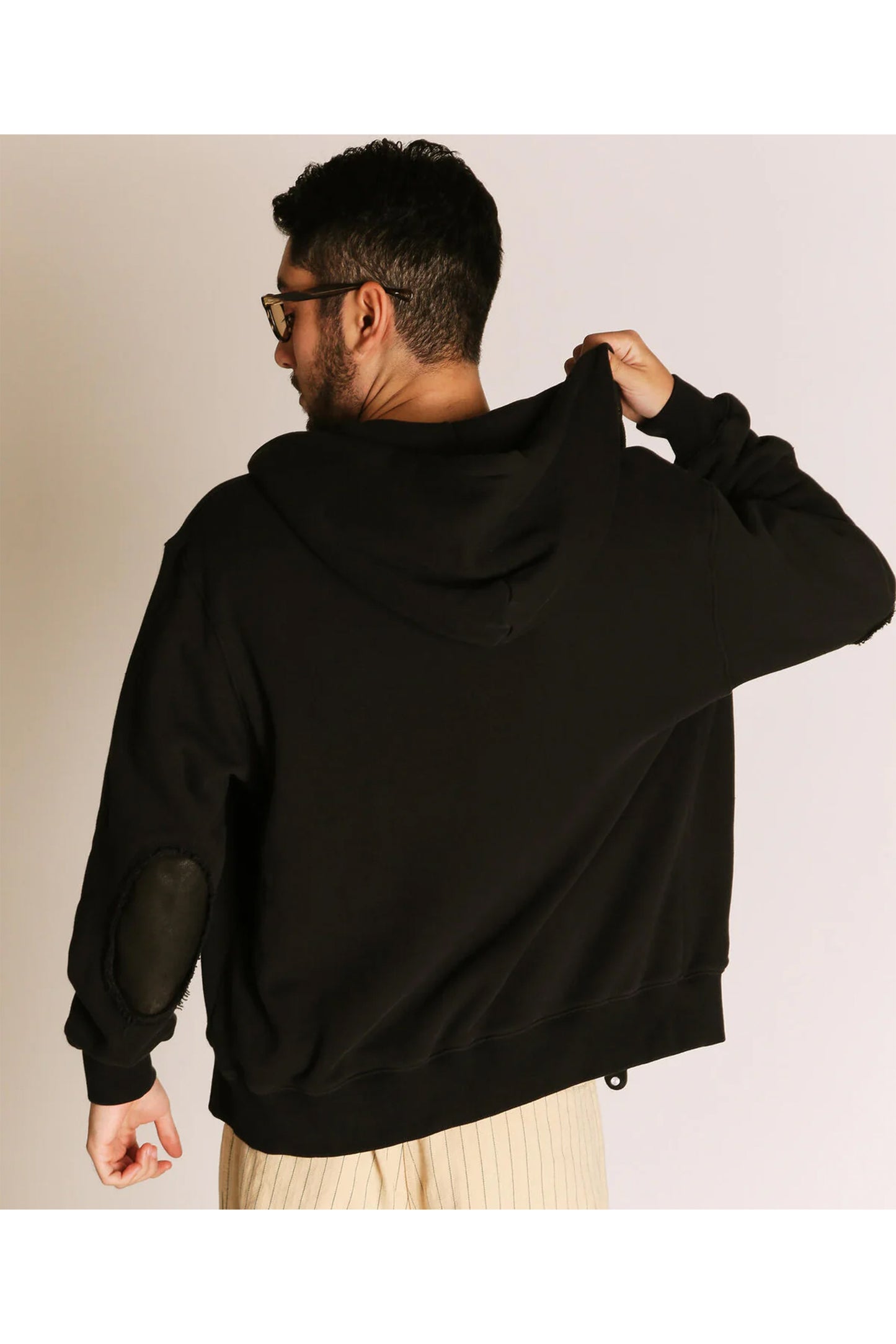 LEATHER ELBOW PATCH ZIP HOODED SWEAT