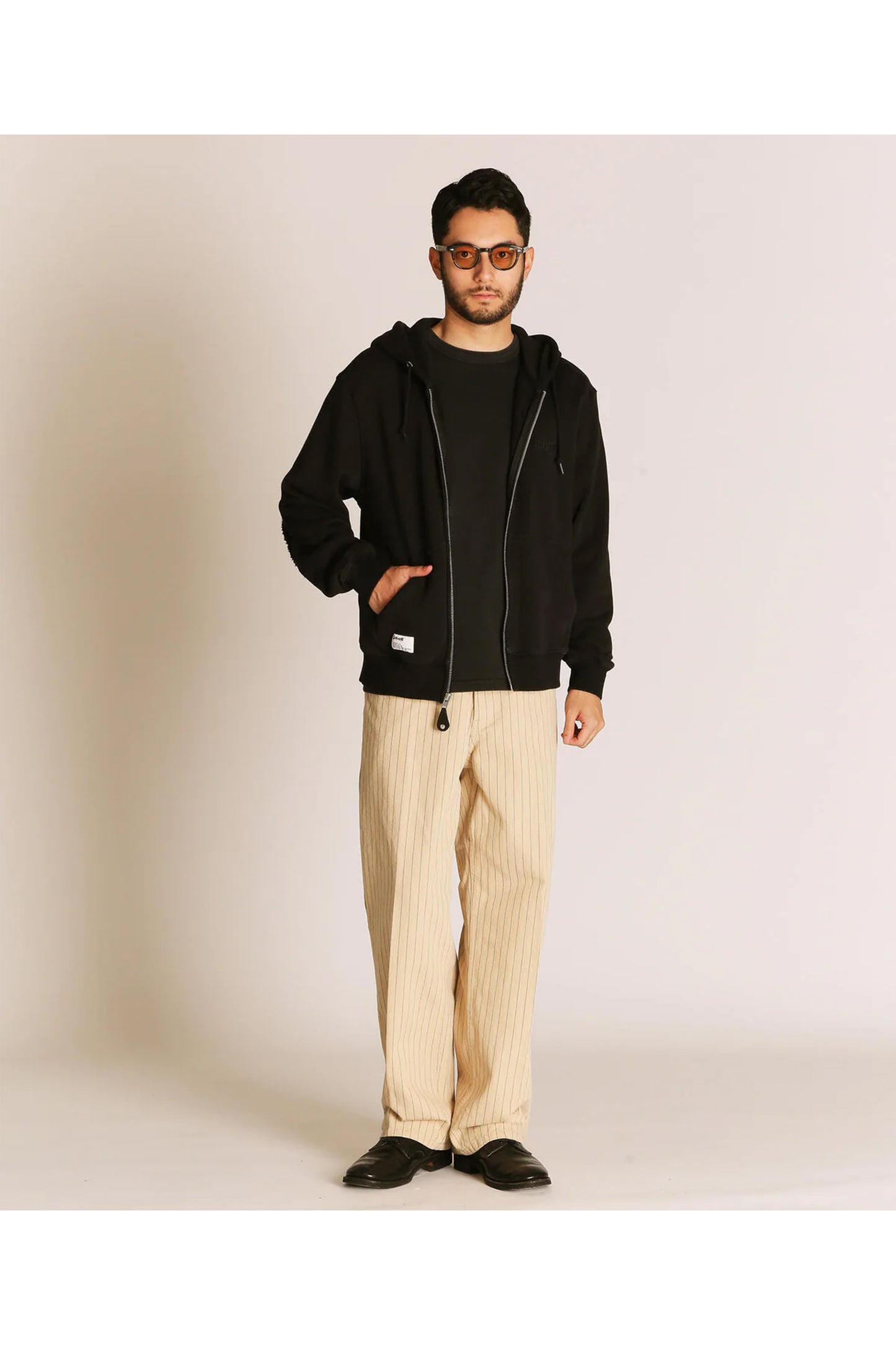 LEATHER ELBOW PATCH ZIP HOODED SWEAT