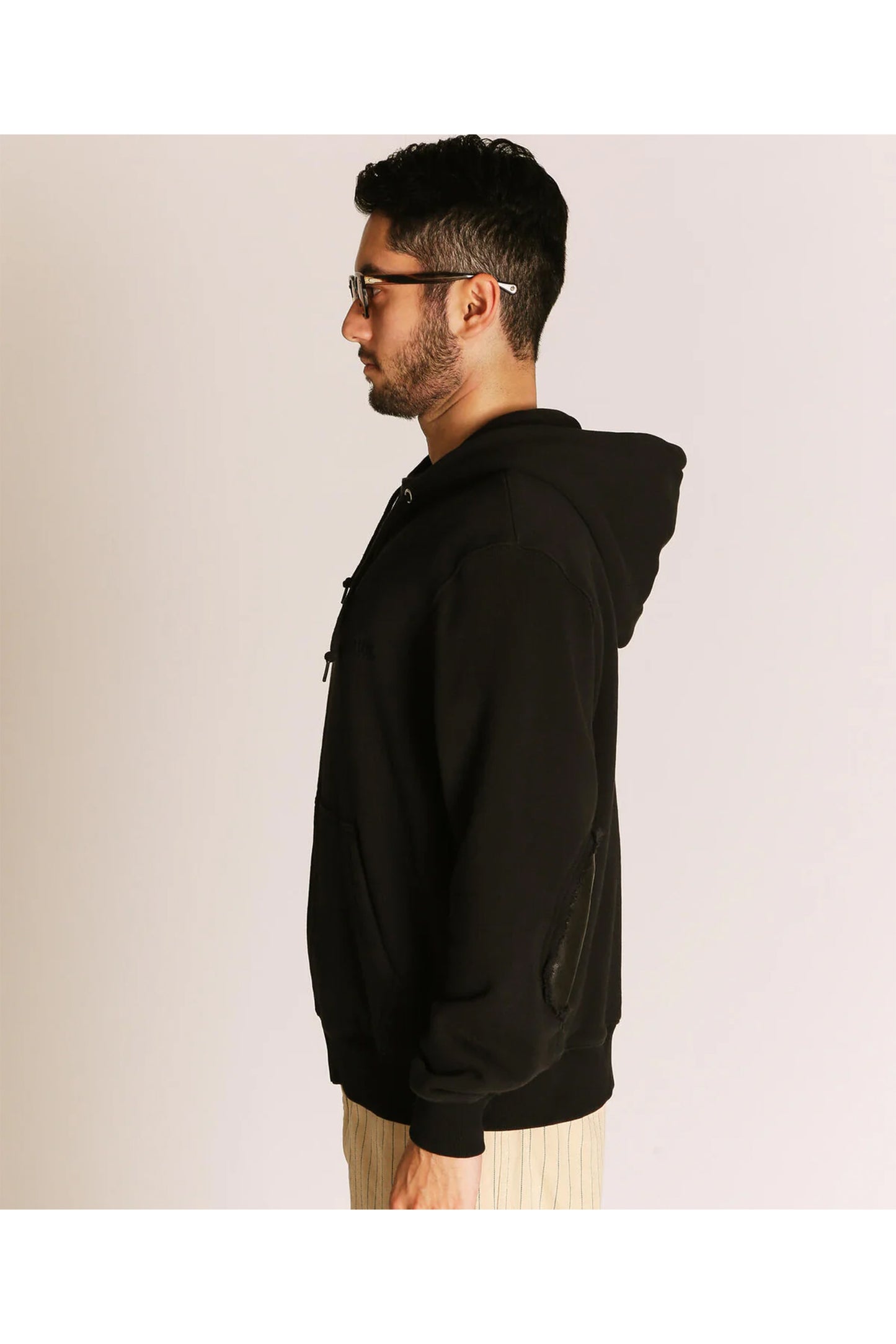 LEATHER ELBOW PATCH ZIP HOODED SWEAT