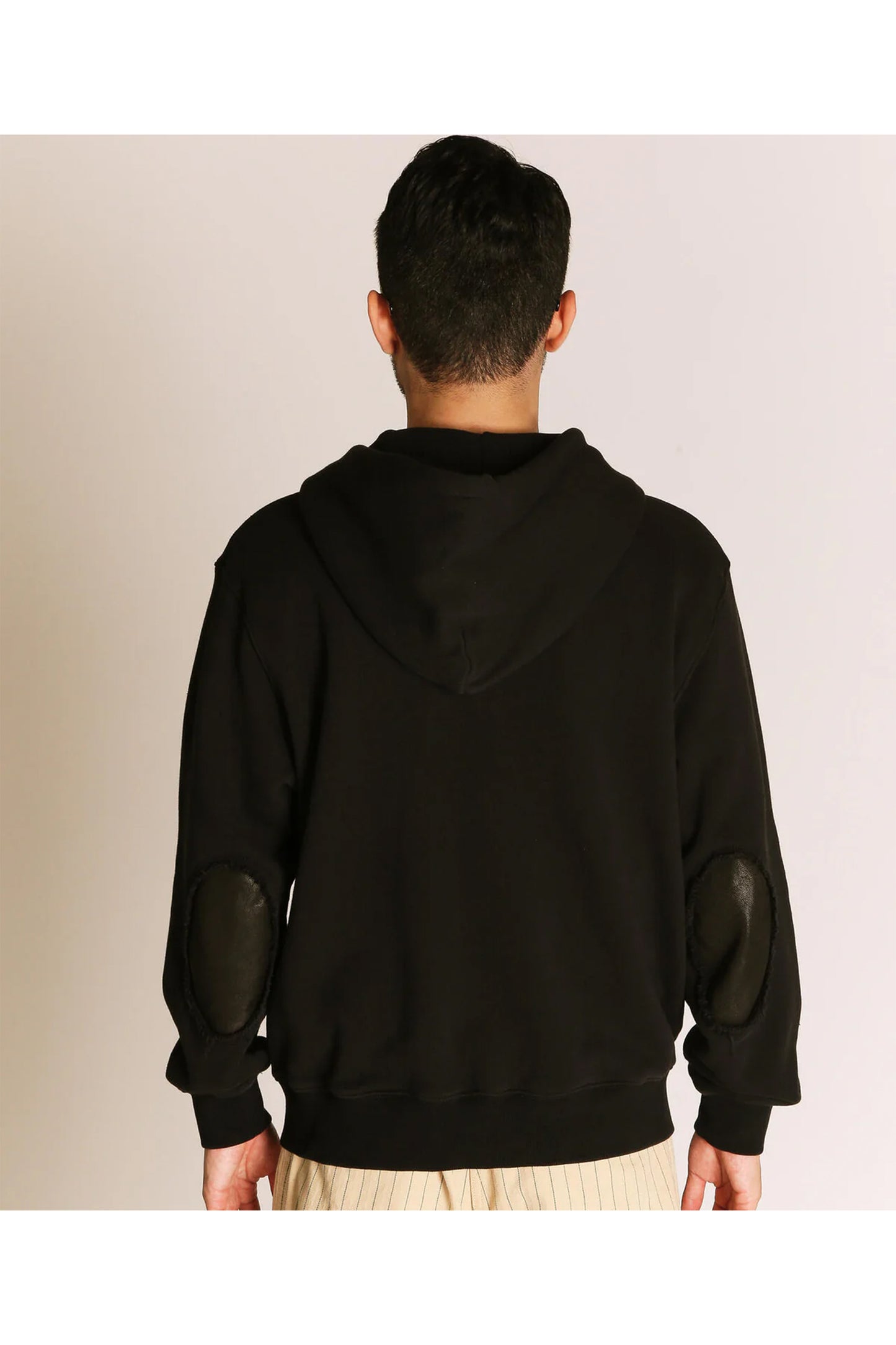 LEATHER ELBOW PATCH ZIP HOODED SWEAT
