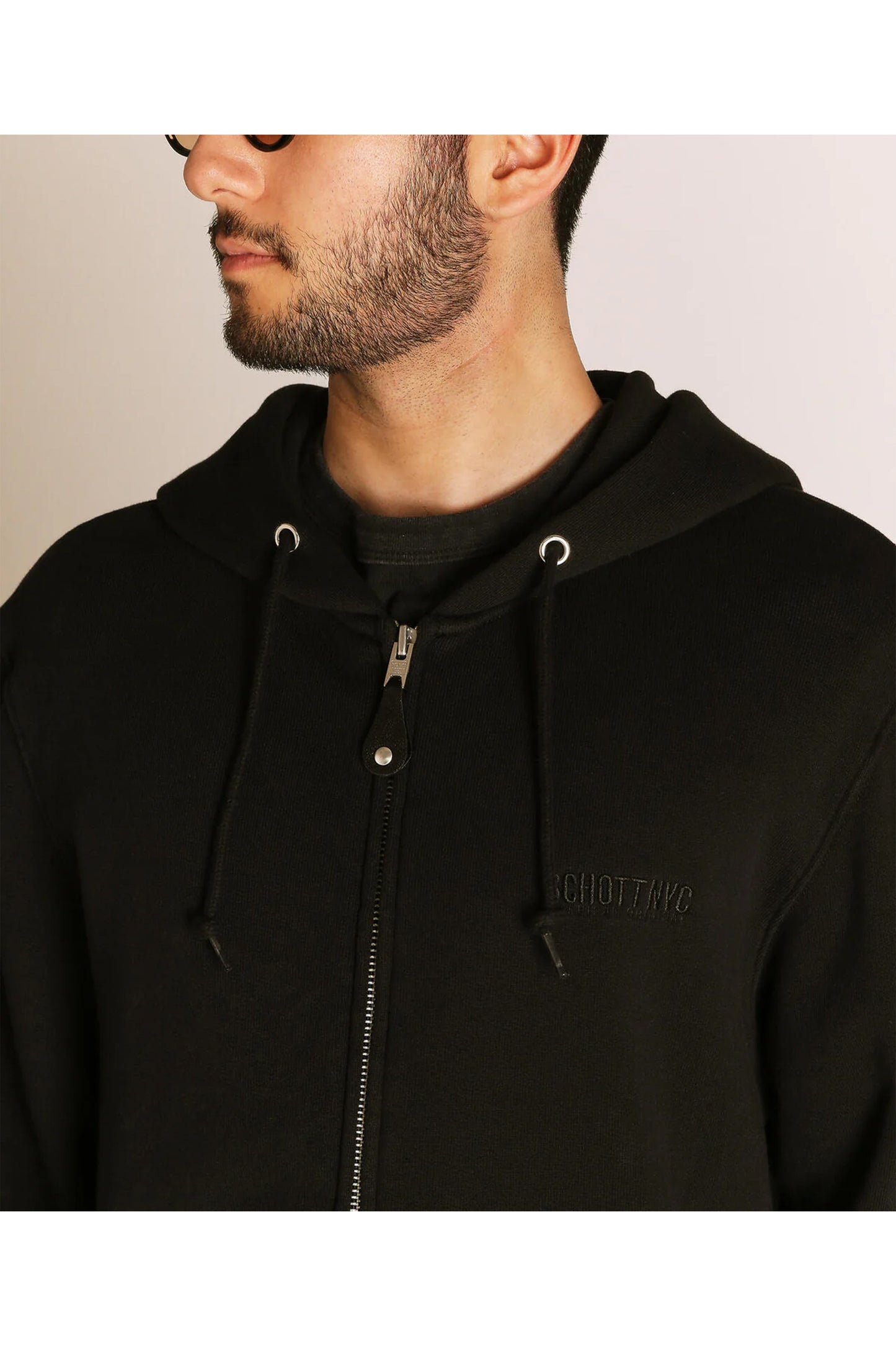 LEATHER ELBOW PATCH ZIP HOODED SWEAT