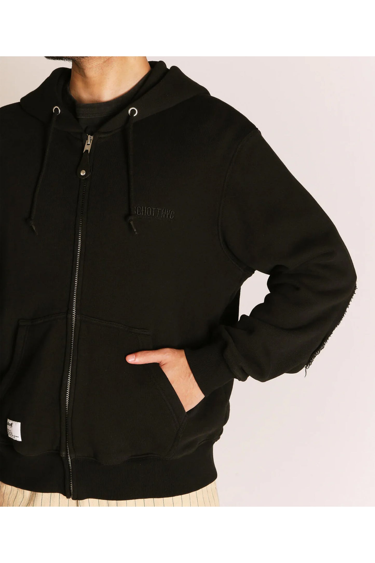 LEATHER ELBOW PATCH ZIP HOODED SWEAT