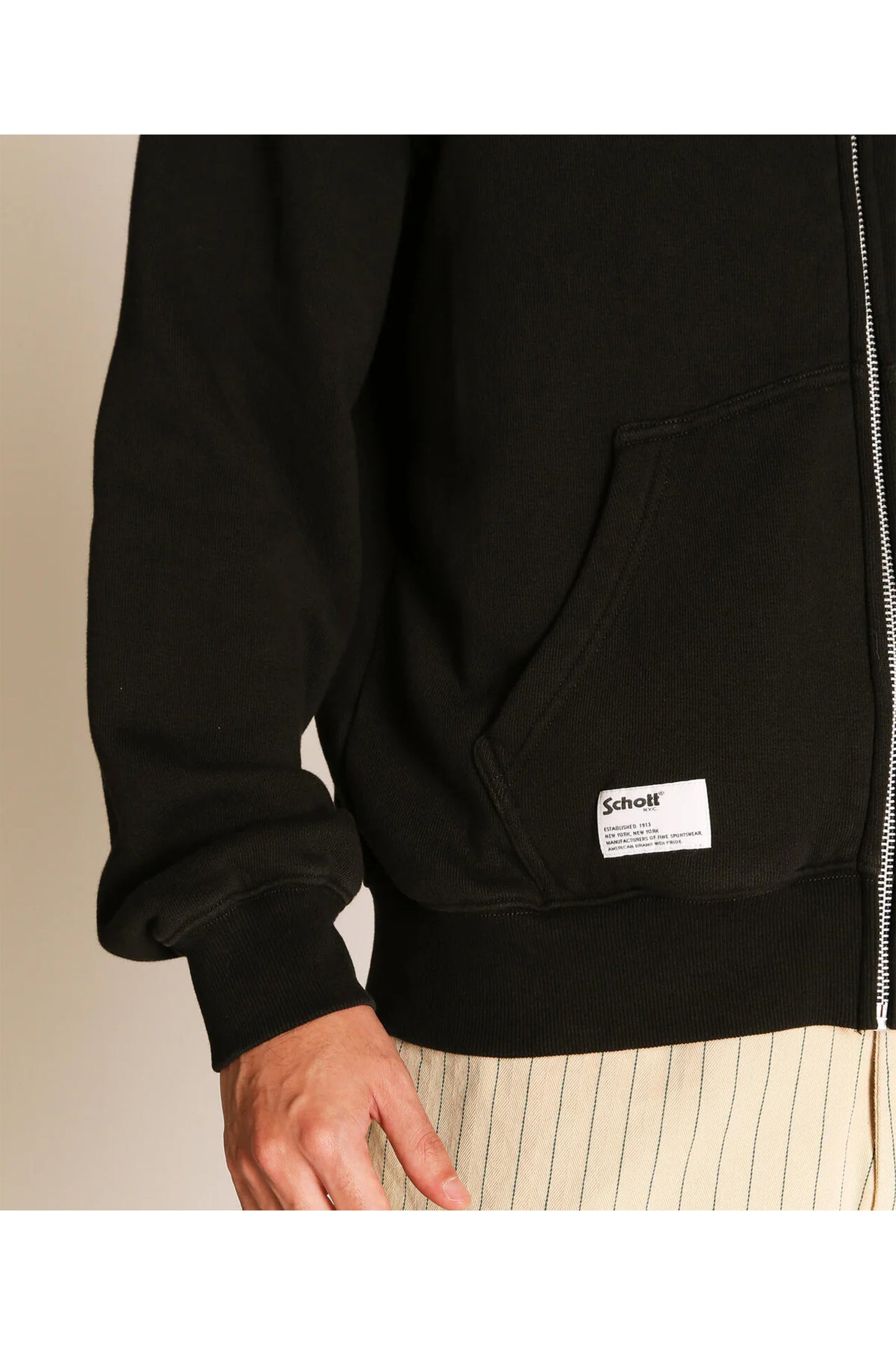 LEATHER ELBOW PATCH ZIP HOODED SWEAT